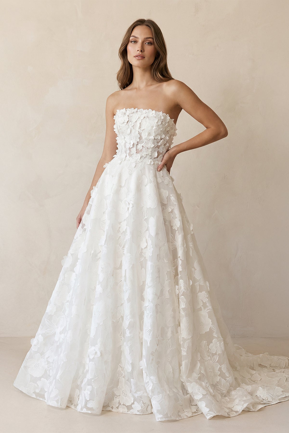 White Lace A-Line Wedding Dress with Strapless Neckline and Floral Detail