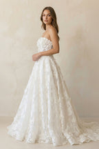 White Lace A-Line Wedding Dress with Strapless Neckline and Floral Detail