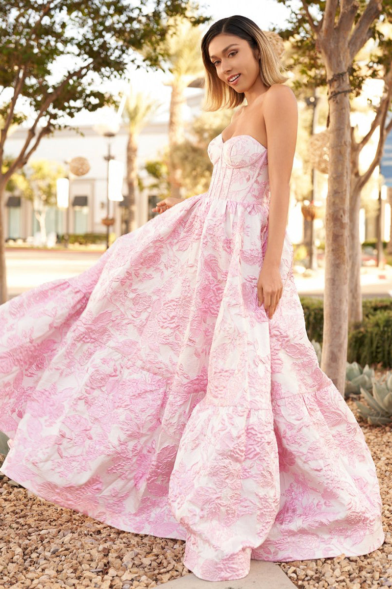 A-Line Sweetheart Floral Printed Long Formal Prom Gown