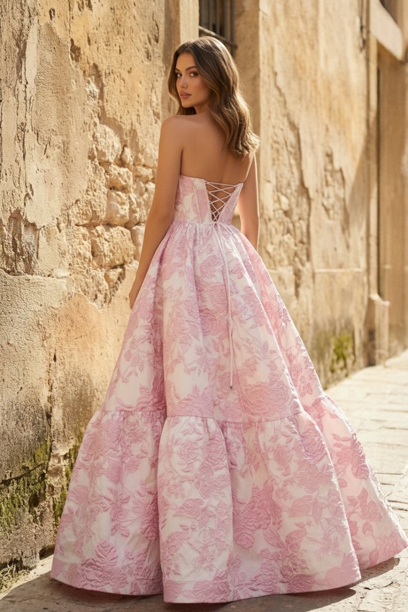 A-Line Sweetheart Floral Printed Long Formal Prom Gown