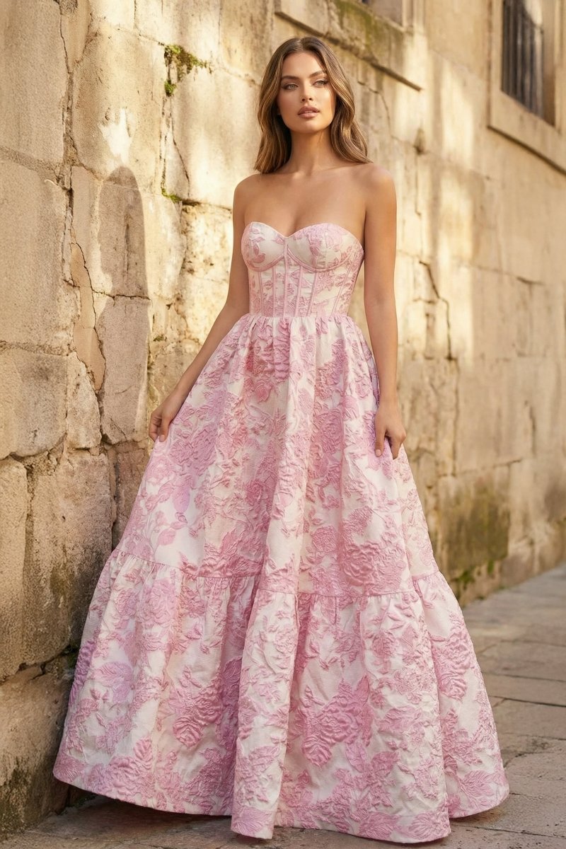 A-Line Sweetheart Floral Printed Long Formal Prom Gown