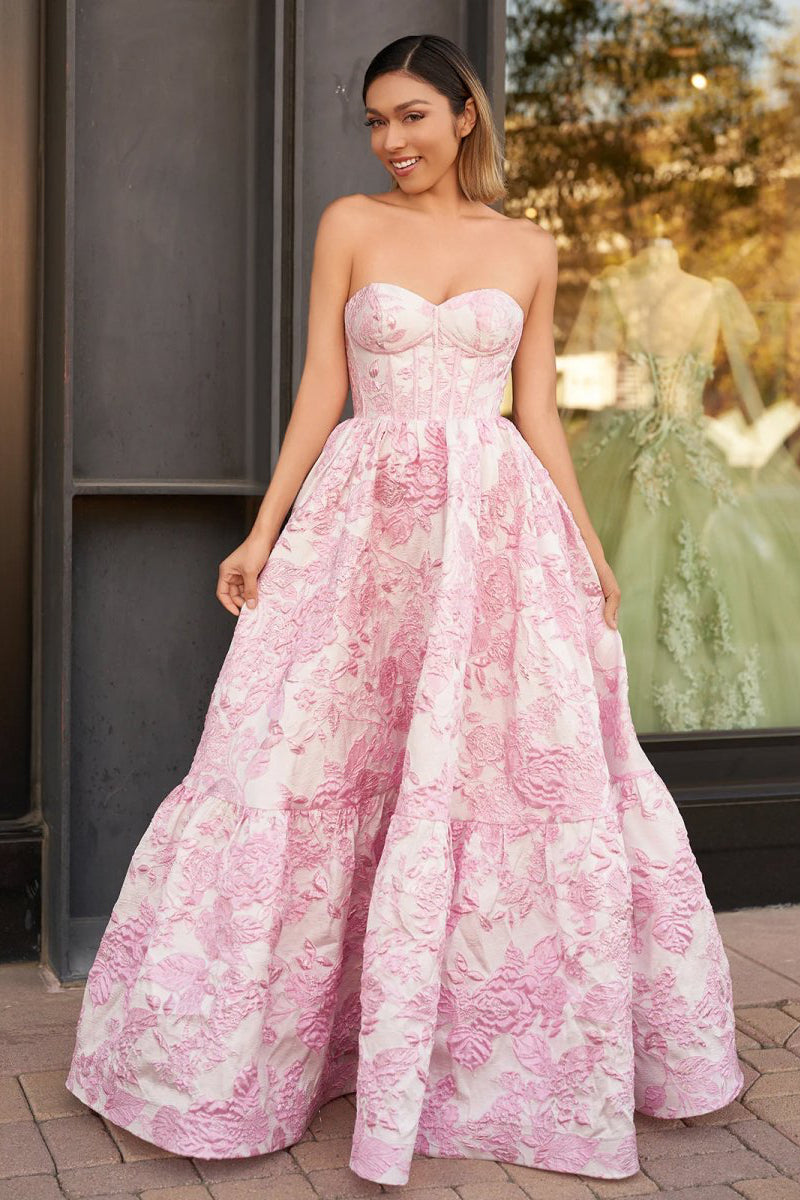 A-Line Sweetheart Floral Printed Long Formal Prom Gown