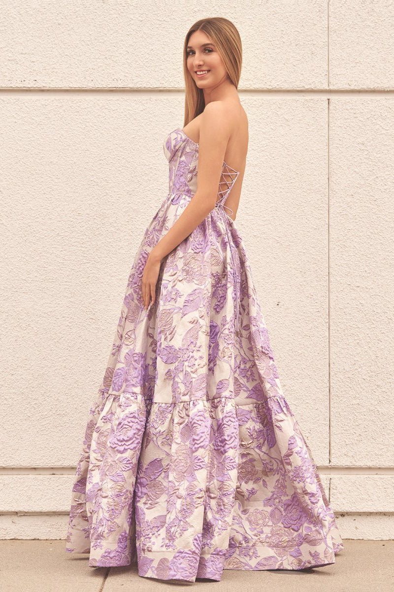 A-Line Sweetheart Floral Printed Long Formal Prom Gown