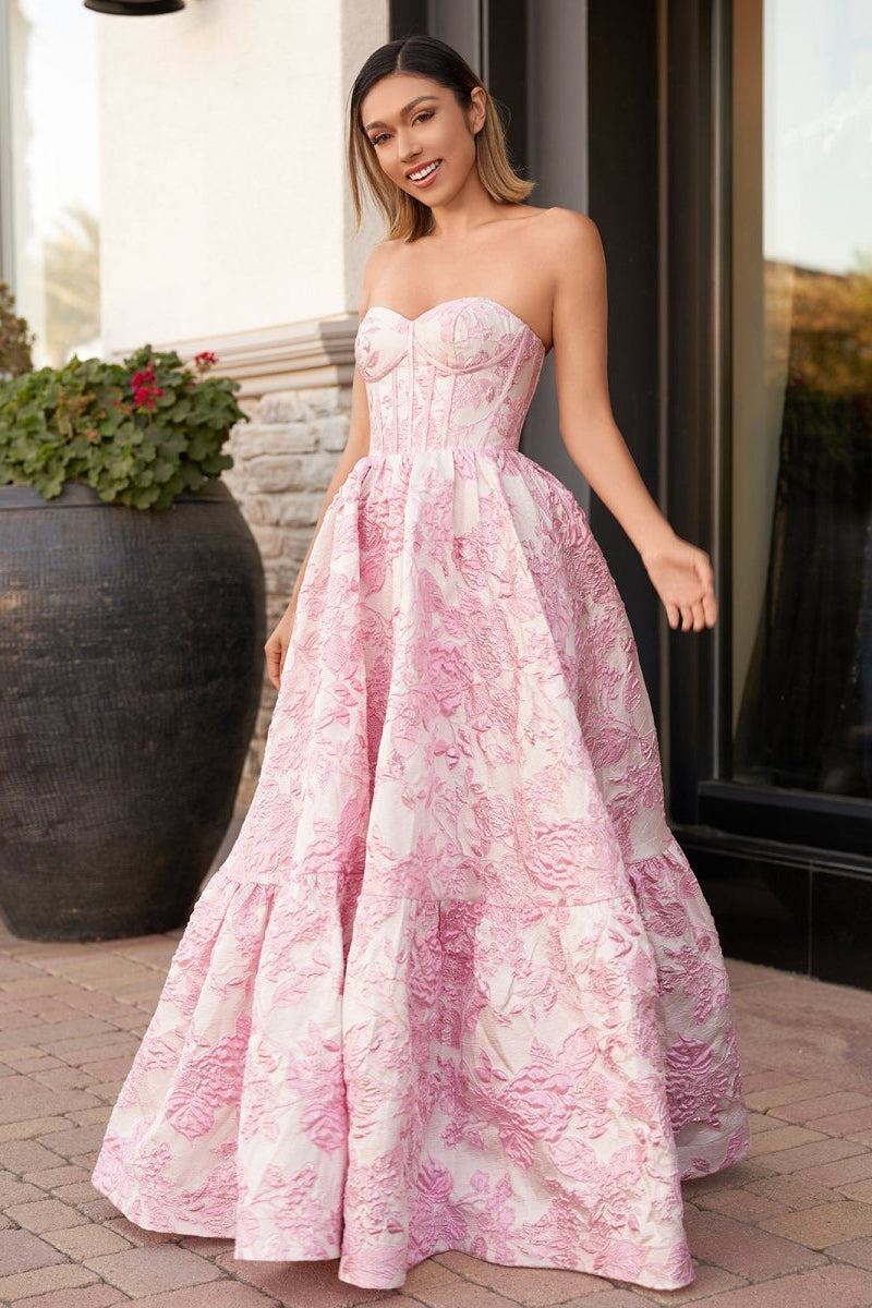 A-Line Sweetheart Floral Printed Long Formal Prom Gown