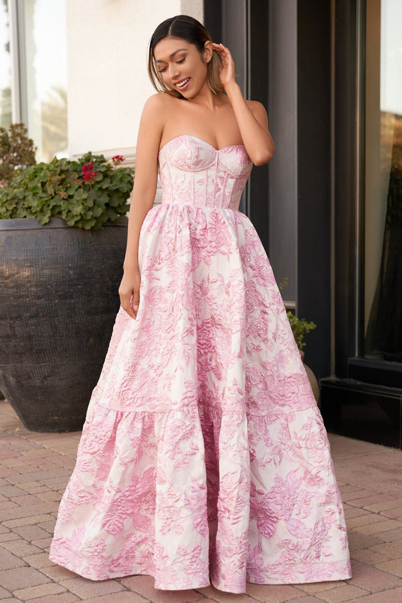 A-Line Sweetheart Floral Printed Long Formal Prom Gown
