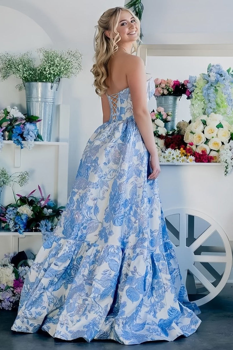 A-Line Sweetheart Floral Printed Long Formal Prom Gown