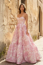 A-Line Sweetheart Floral Printed Long Formal Prom Gown