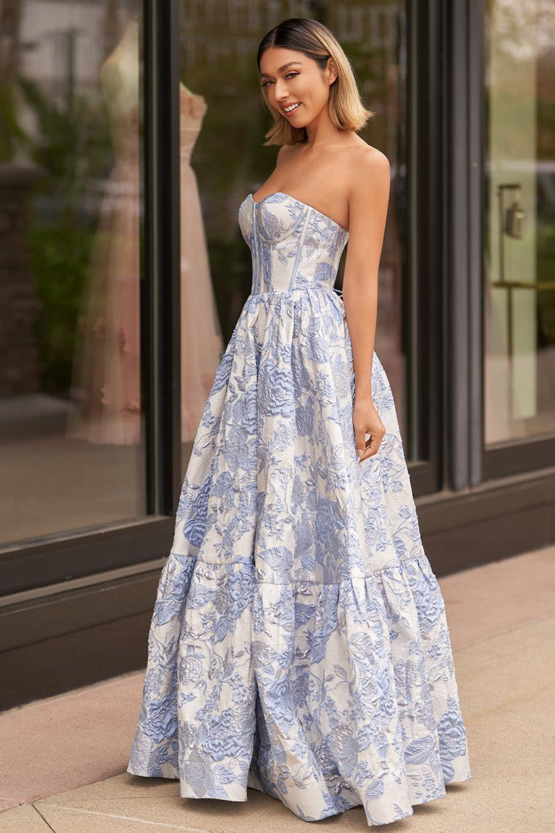 A-Line Sweetheart Floral Printed Long Formal Prom Gown