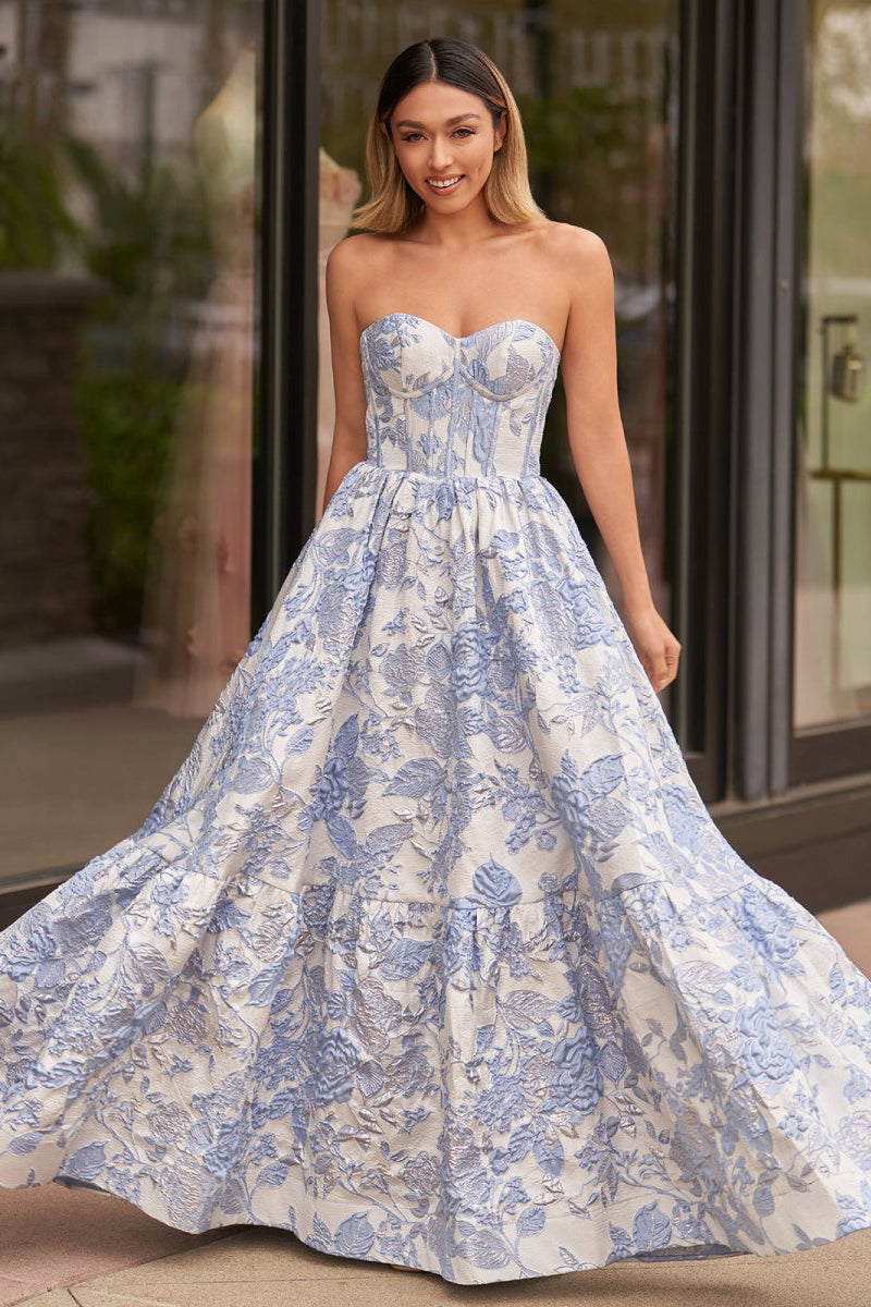 A-Line Sweetheart Floral Printed Long Formal Prom Gown