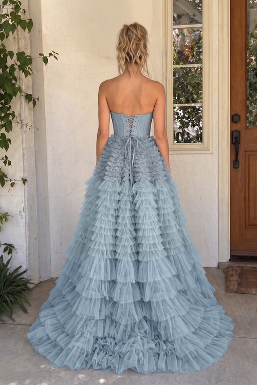 A Line Sweetheart Tiered Ruffled Tulle Long Formal Prom Gown