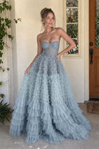 A Line Sweetheart Tiered Ruffled Tulle Long Formal Prom Gown