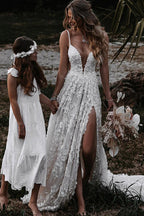 White Lace A-Line Wedding Dress with V-Neck Neckline and Appliques