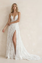 White Lace A-Line Wedding Dress with V-Neck Neckline and Appliques