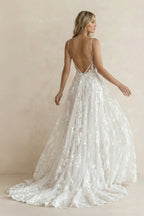 White Lace A-Line Wedding Dress with V-Neck Neckline and Appliques