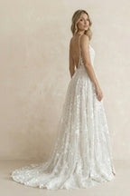 White Lace A-Line Wedding Dress with V-Neck Neckline and Appliques