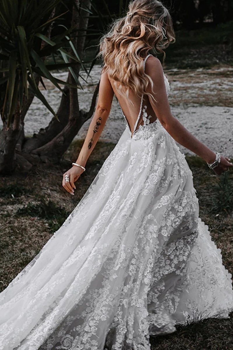 White Lace A-Line Wedding Dress with V-Neck Neckline and Appliques