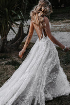 White Lace A-Line Wedding Dress with V-Neck Neckline and Appliques