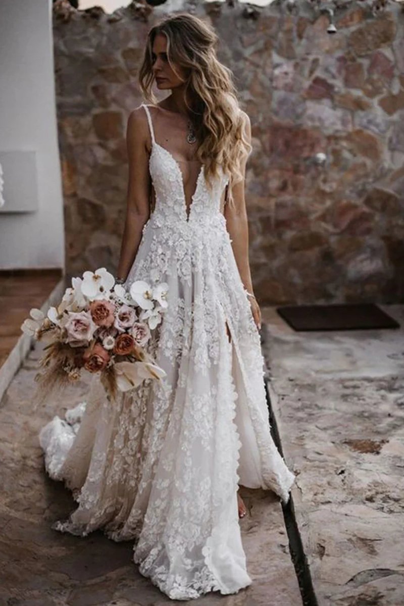 White Lace A-Line Wedding Dress with V-Neck Neckline and Appliques