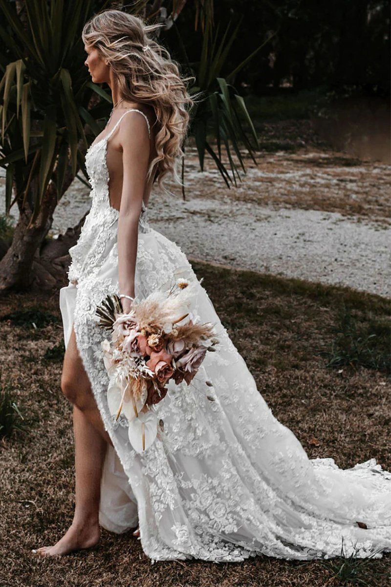 White Lace A-Line Wedding Dress with V-Neck Neckline and Appliques