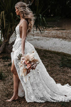 White Lace A-Line Wedding Dress with V-Neck Neckline and Appliques