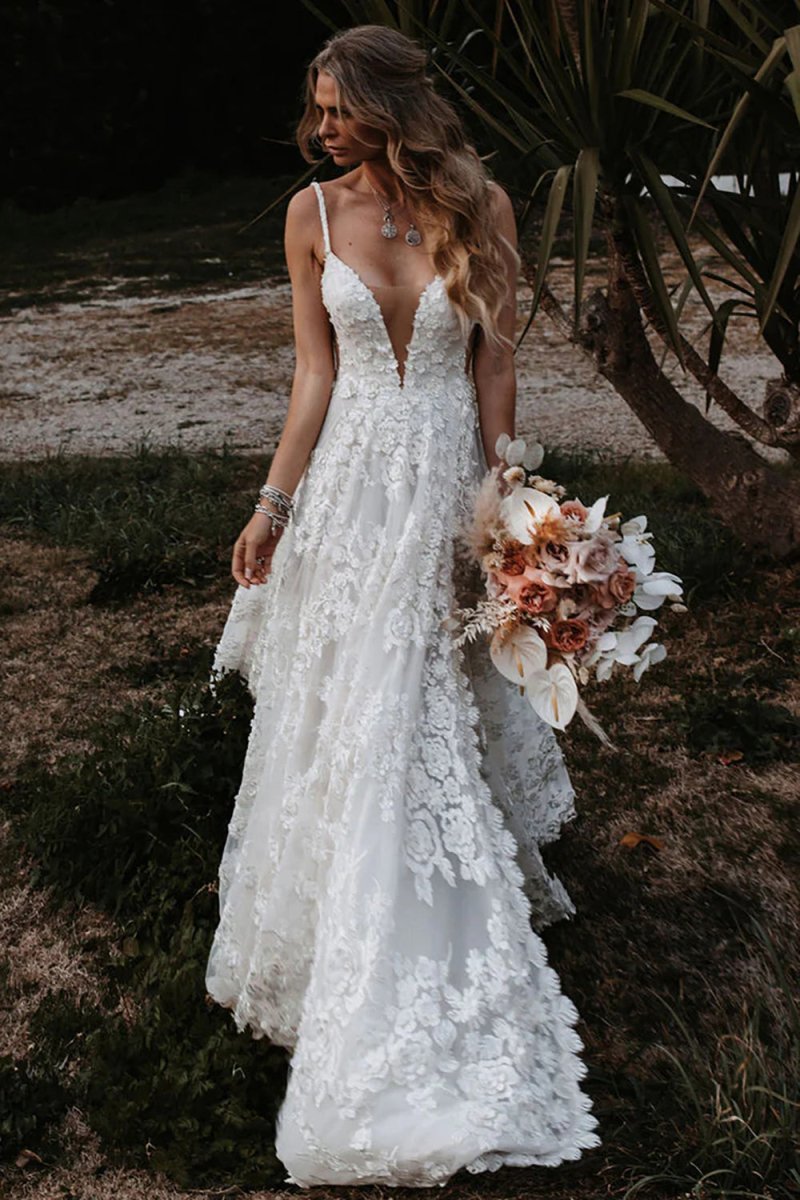 White Lace A-Line Wedding Dress with V-Neck Neckline and Appliques