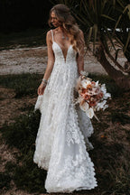 White Lace A-Line Wedding Dress with V-Neck Neckline and Appliques