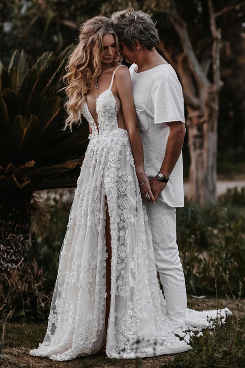 White Lace A-Line Wedding Dress with V-Neck Neckline and Appliques