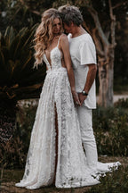 White Lace A-Line Wedding Dress with V-Neck Neckline and Appliques