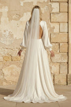 Diamond White Satin A-Line Wedding Dress with V-Neck Neckline and Sweep Train