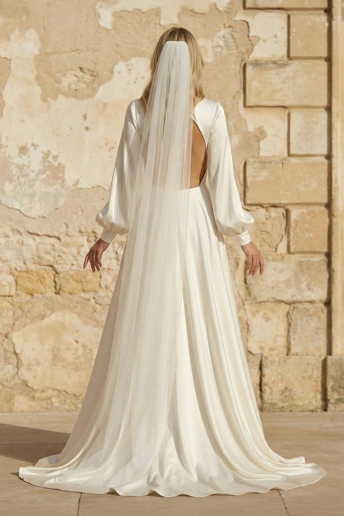 Diamond White Satin A-Line Wedding Dress with V-Neck Neckline and Sweep Train