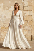 Diamond White Satin A-Line Wedding Dress with V-Neck Neckline and Sweep Train