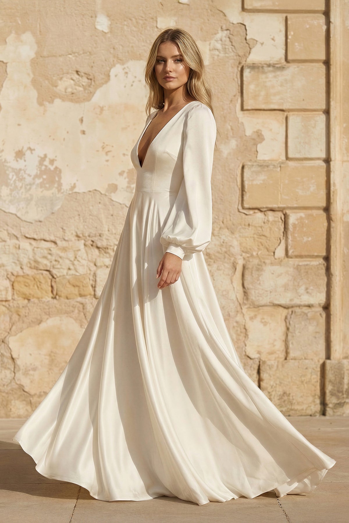 Diamond White Satin A-Line Wedding Dress with V-Neck Neckline and Sweep Train