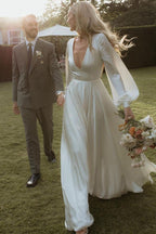 Diamond White Satin A-Line Wedding Dress with V-Neck Neckline and Sweep Train
