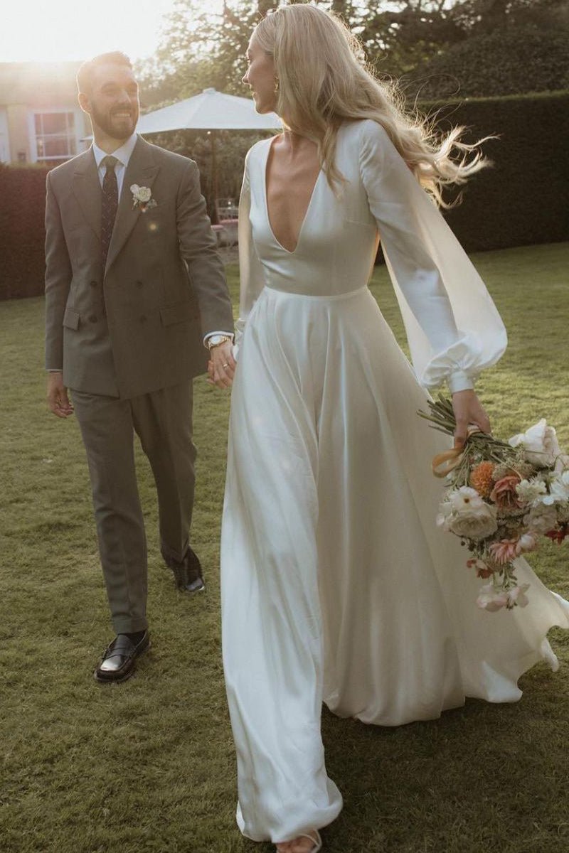 Diamond White Satin A-Line Wedding Dress with V-Neck Neckline and Sweep Train