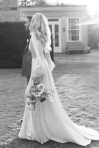 Diamond White Satin A-Line Wedding Dress with V-Neck Neckline and Sweep Train