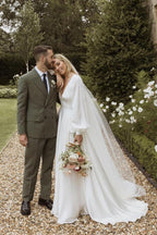 Diamond White Satin A-Line Wedding Dress with V-Neck Neckline and Sweep Train