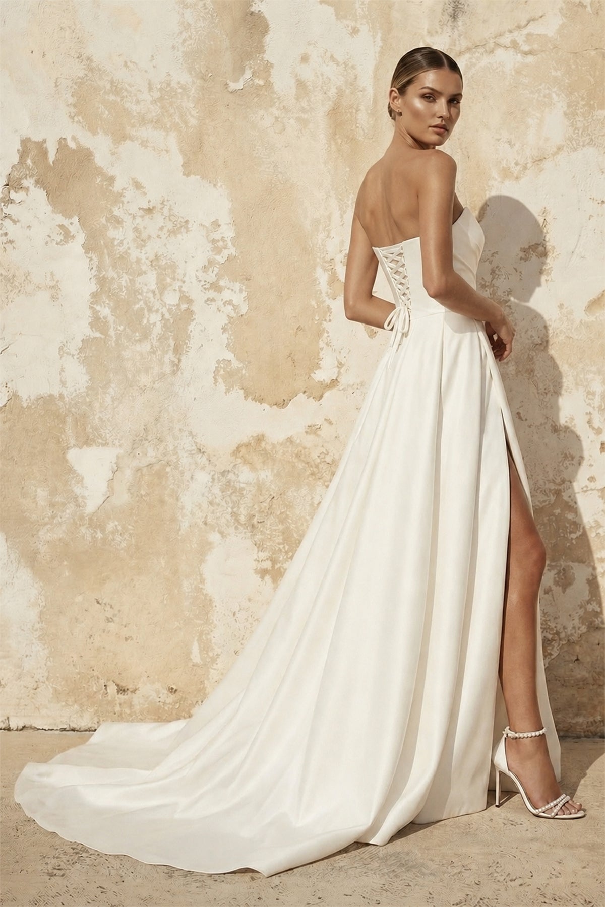 Diamond White Satin A-Line Wedding Dress with Strapless Neckline and Slit