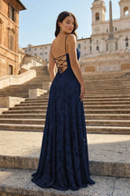 Pink A-Line Lace Floral Spaghetti Straps Long Formal Prom Gown