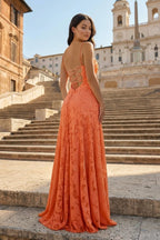Pink A-Line Lace Floral Spaghetti Straps Long Formal Prom Gown