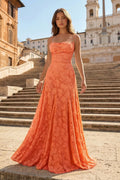 Pink A-Line Lace Floral Spaghetti Straps Long Formal Prom Gown