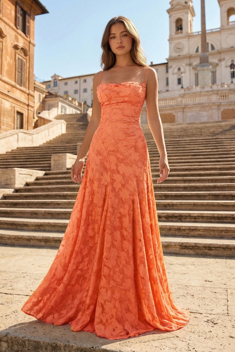 Pink A-Line Lace Floral Spaghetti Straps Long Formal Prom Gown