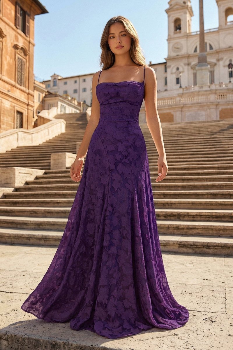 Pink A-Line Lace Floral Spaghetti Straps Long Formal Prom Gown