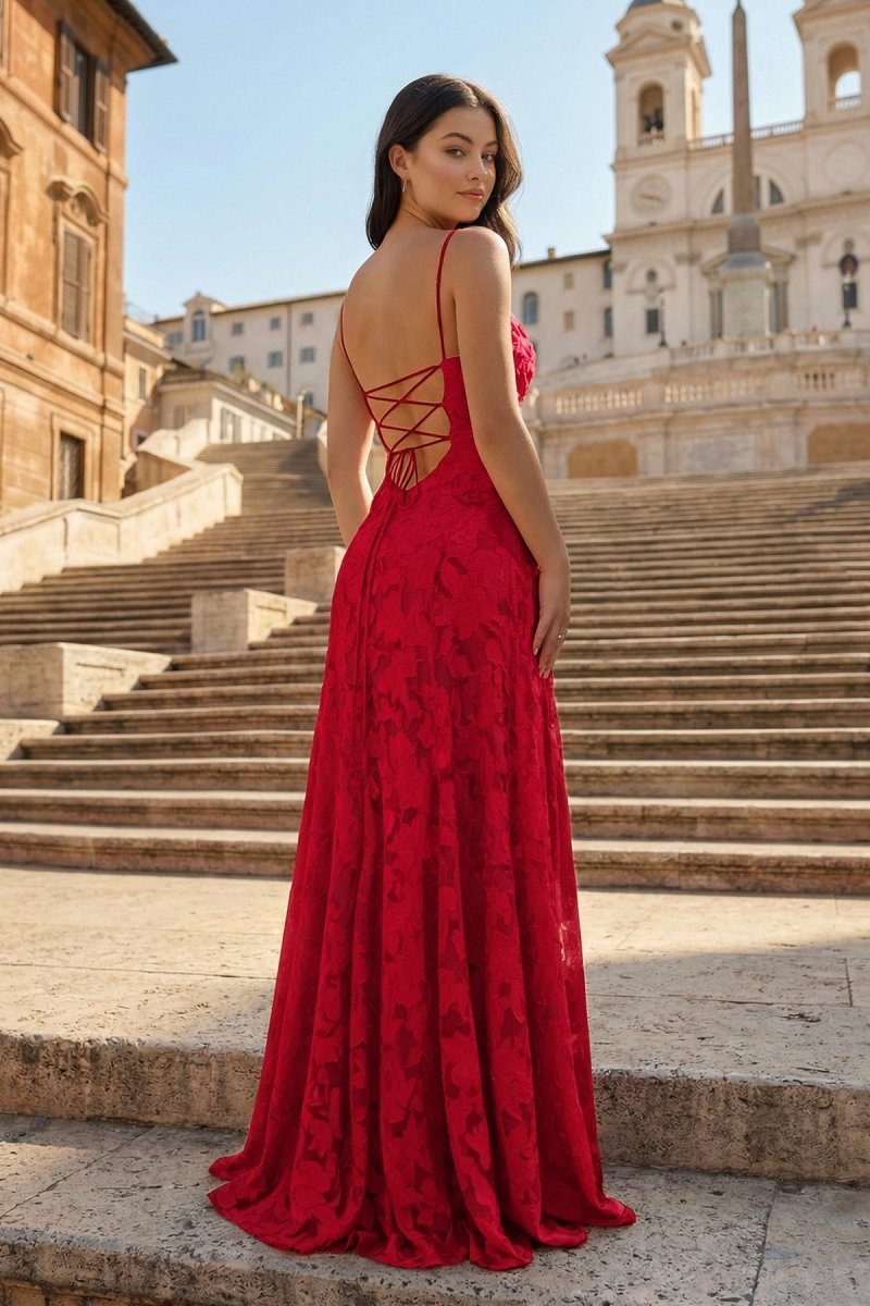 Pink A-Line Lace Floral Spaghetti Straps Long Formal Prom Gown