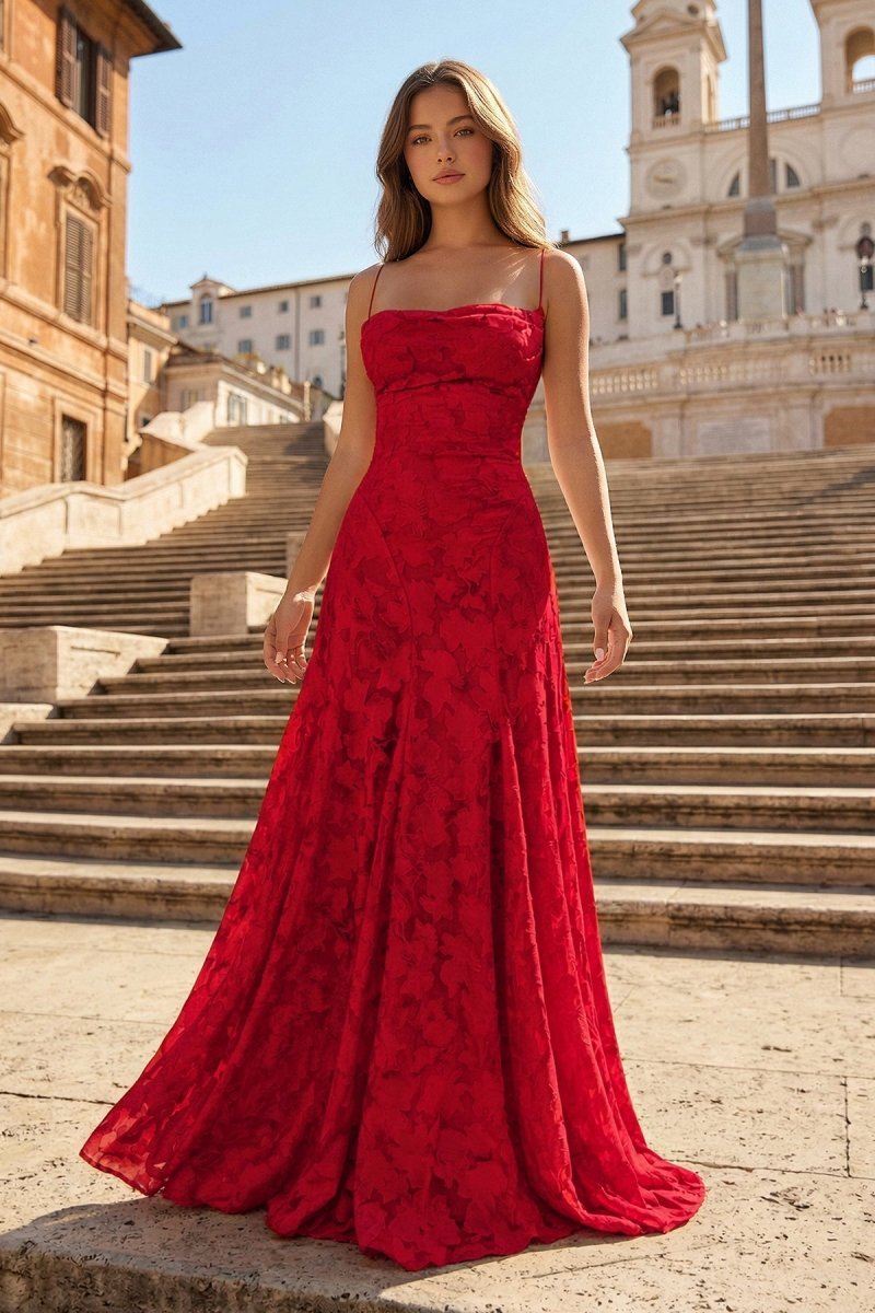 Pink A-Line Lace Floral Spaghetti Straps Long Formal Prom Gown