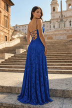 Pink A-Line Lace Floral Spaghetti Straps Long Formal Prom Gown