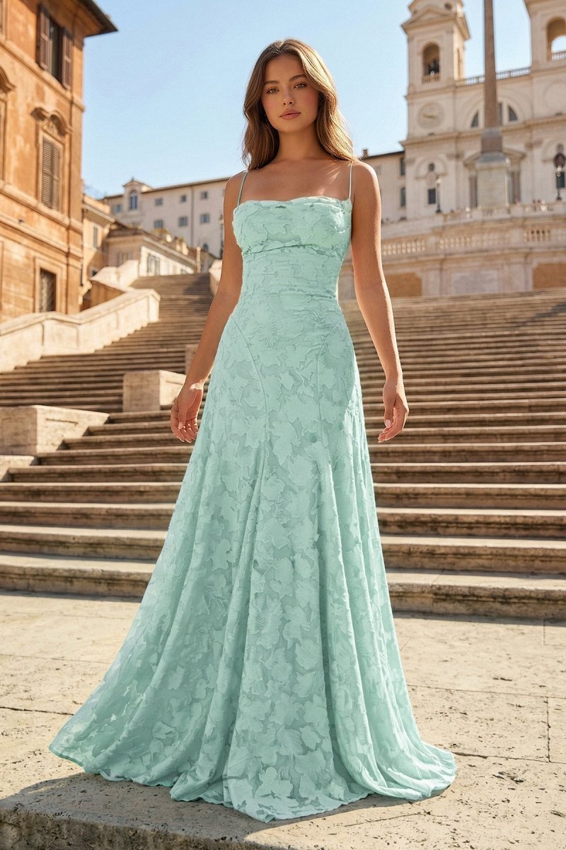 Pink A-Line Lace Floral Spaghetti Straps Long Formal Prom Gown