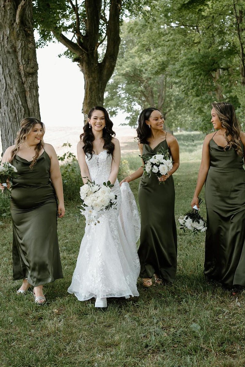 Grey Satin Bridesmaid Dress with Hunter Green Detail