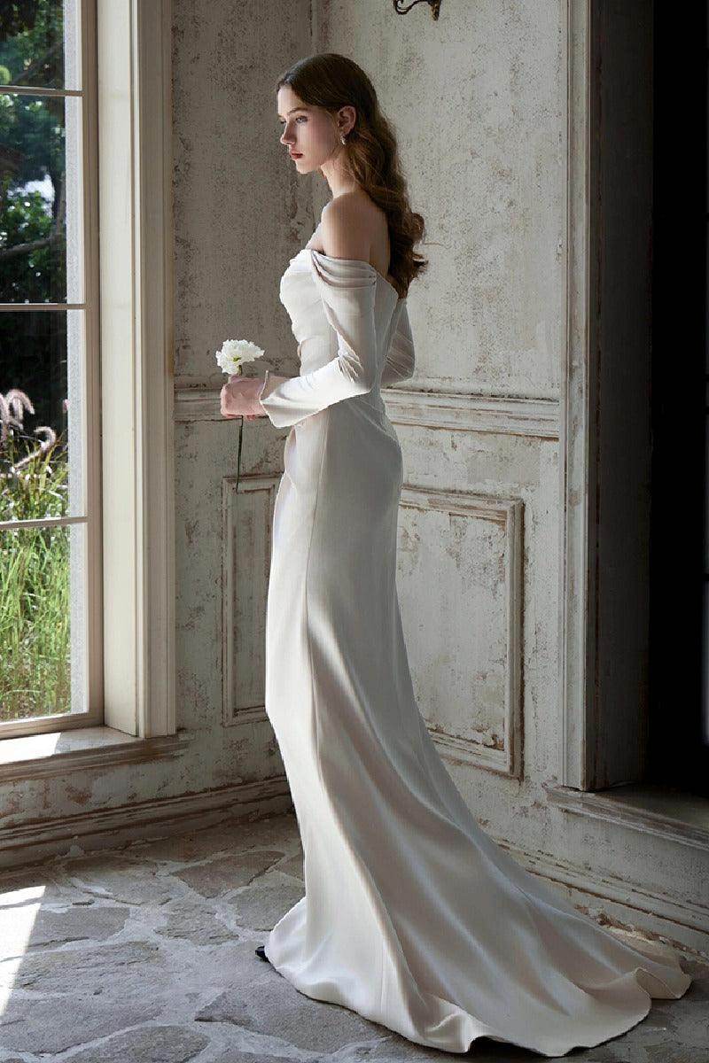 Elegant Sheath Column Sweep Brush Train Satin Wedding Dress 851237427674 Wedding Dress