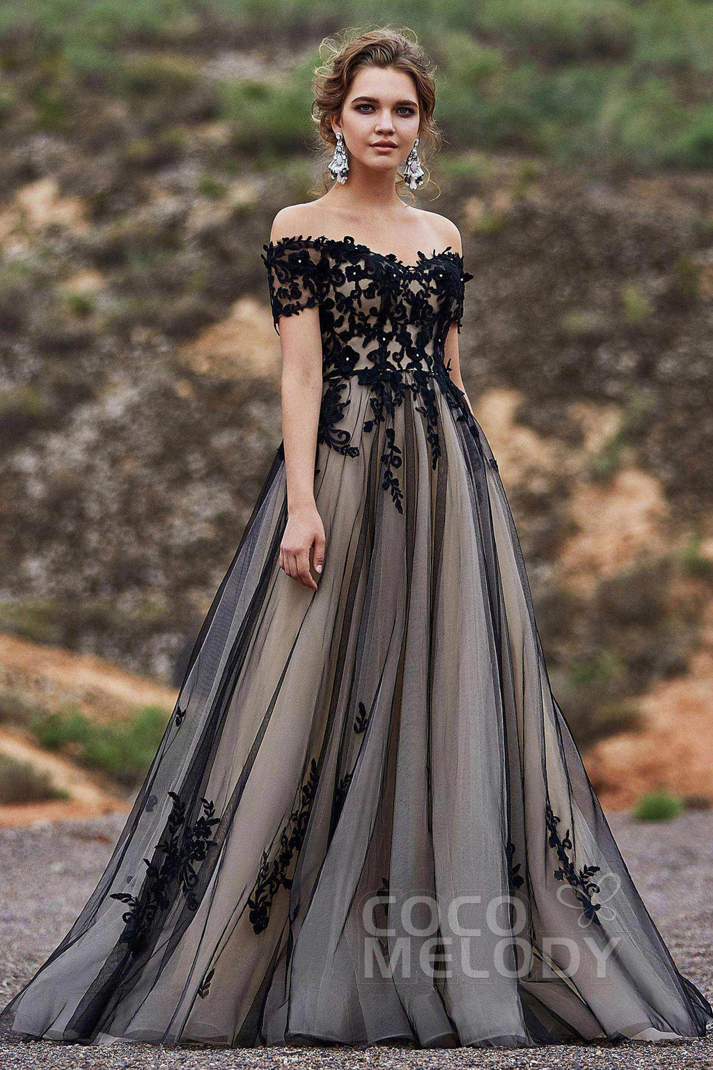 Elegant A Line Sweep Brush Train Tulle Gothic Wedding Dress Wedding Dress