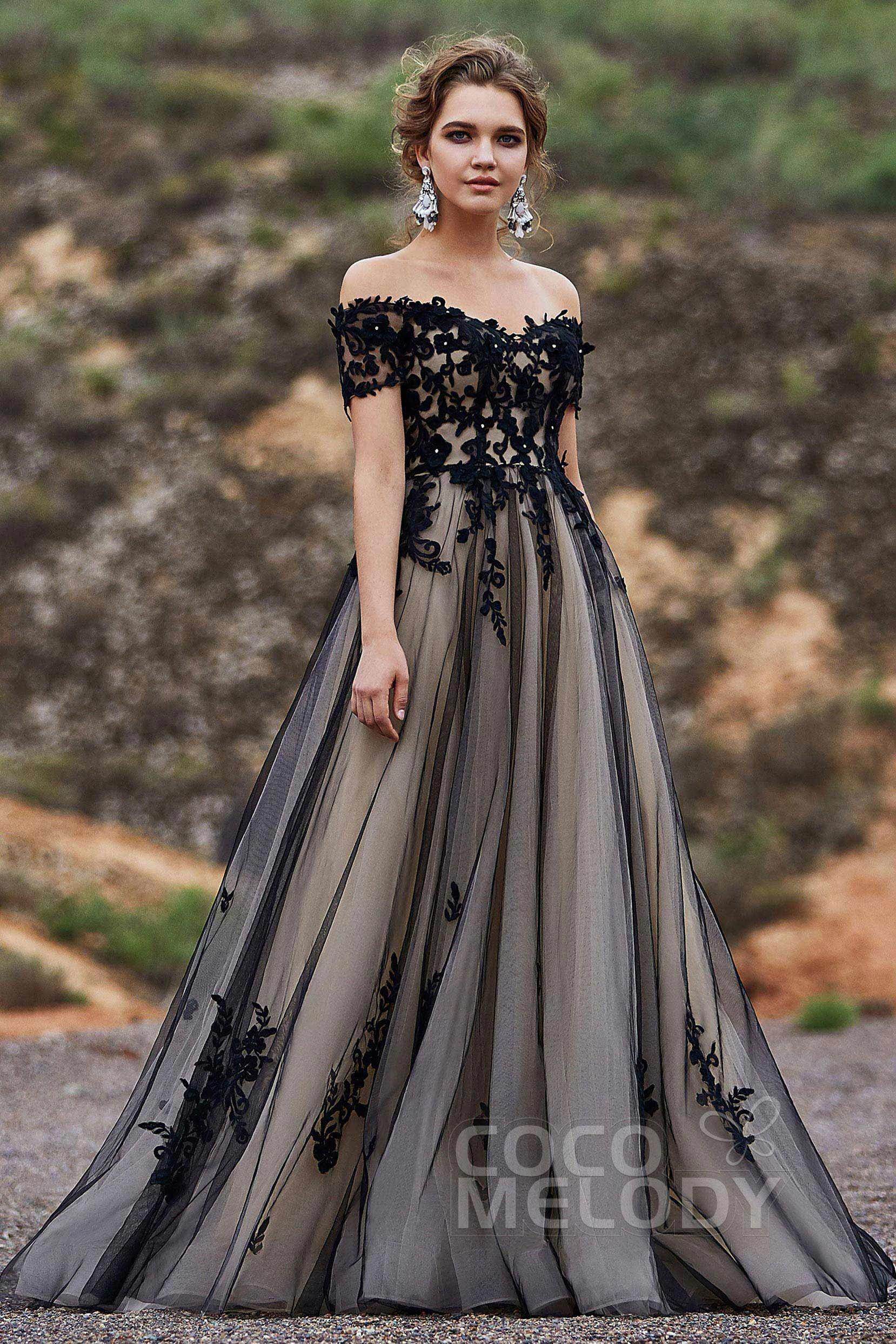 Elegant A Line Sweep Brush Train Tulle Gothic Wedding Dress Wedding Dress